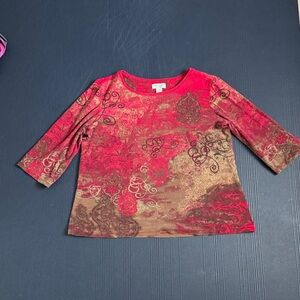 Christopher & Banks Red and Tan Floral Medallion 3/4 Sleeve Tee, XL